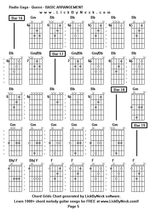 Chord Grids Chart of chord melody fingerstyle guitar song-Radio Gaga - Queen - BASIC ARRANGEMENT,generated by LickByNeck software.